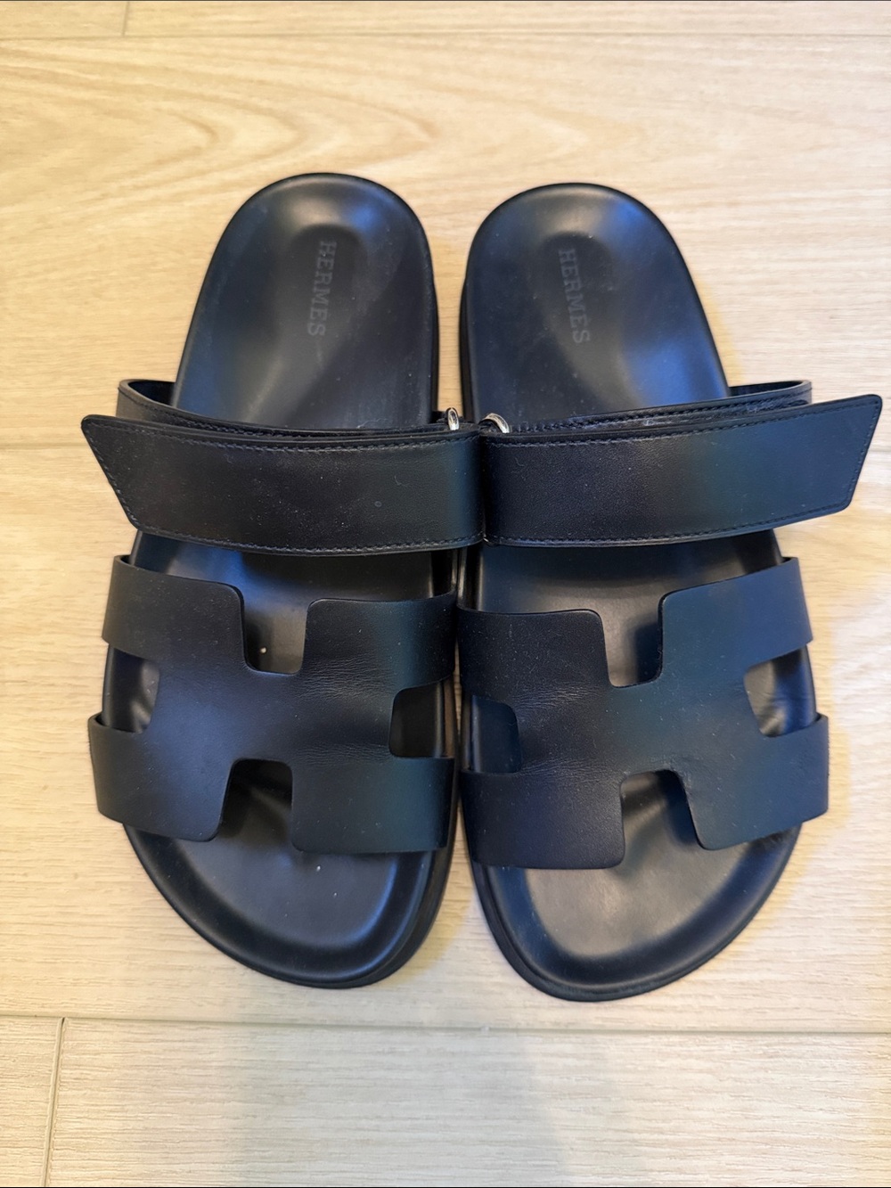 Hermes Women’s Black Leather H Cutout Sandal Slides